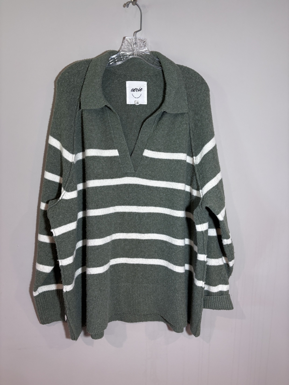 Aerie unREAL Striped Polo Oversized Sweater in Olive Size XXS - Picture 2 of 8